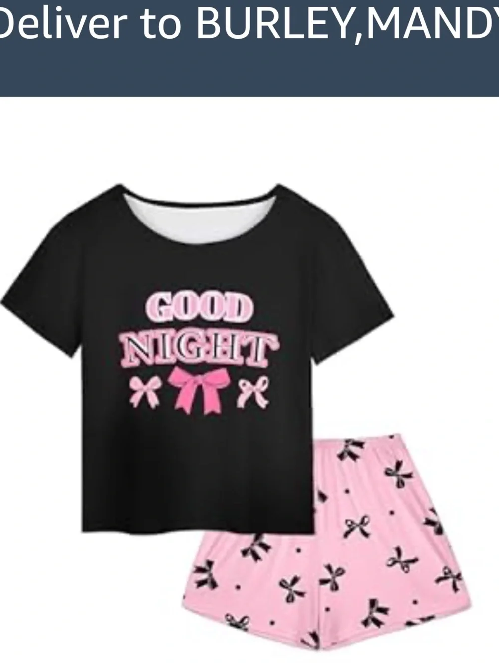 Amazon Kids Pajama Set Black Top Pink Shorts 'Good Night'